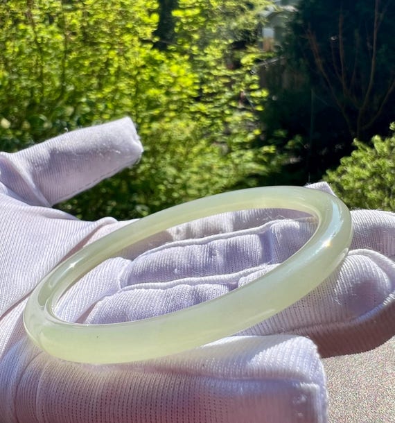 57.5mm Certified natural icy light green nephrite Bangle/Qingshui nephrite dangling bangle 天然软玉 浅冰晴水  细圆条手镯 叮当镯 冰润起莹光 #5402
