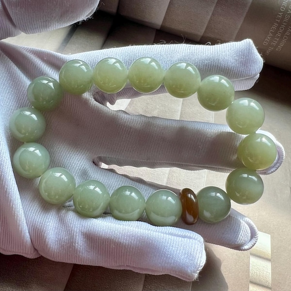 12mm Certified Natural light blue nephrite bracelet/bluish white color天然软玉 青白玉手串 #3195 浅蓝调青玉
