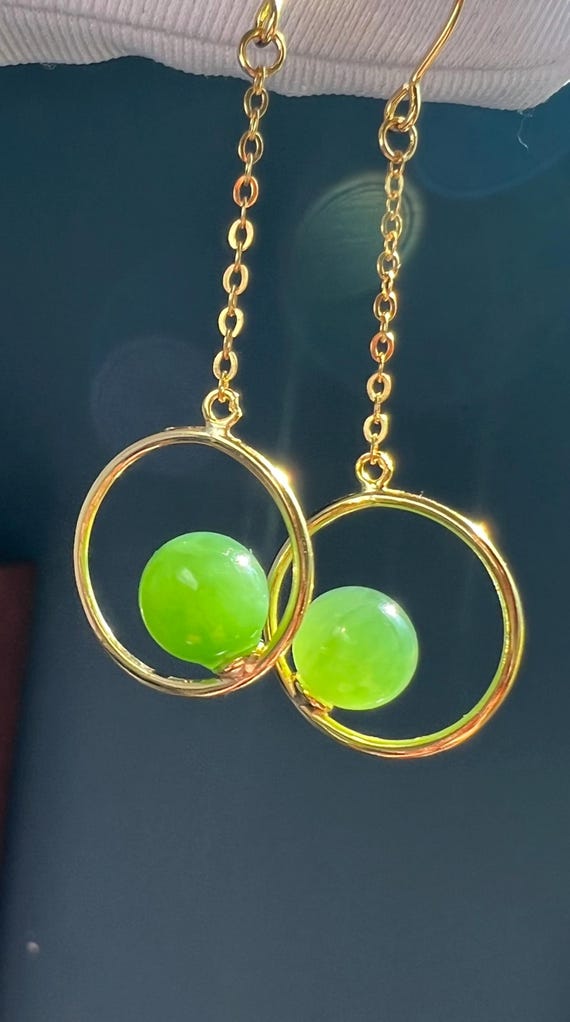 Nephrite green Jade ball Earrings: Sterling Silver drop earrings #0718