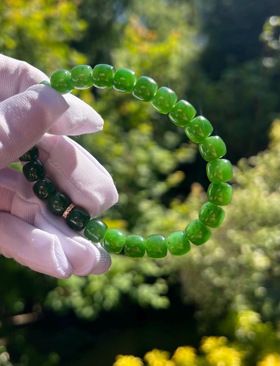 8*7mm Certified natural nephrite green jade /Green nephrite bracelet /rich green/straight cut beads天然碧玉 手串 辣阳绿 直切珠极限弧手串 #1733