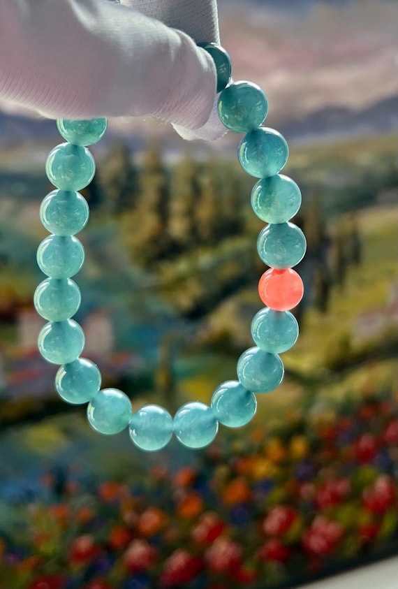 9.8mm Certified natural untreated Grade A Jade bracelet/Guatemala Jadeite bracelet/icy blue Jadiete  天然精品无优化冰种蓝水翡翠手串 刚性足 起胶起莹光#0570 湖蓝色