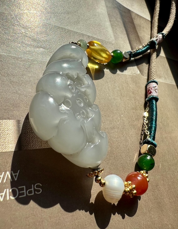 Certified natural jade/smoky purple nephrite carved  lotus flower pendant /necklace 天然软玉 烟紫玉雕刻荷花吊坠 项链#4689 烟灰色
