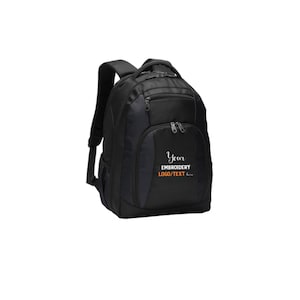 May include: Black backpack with a zippered front pocket and a large compartment. The front pocket has an embroidered design that says "Your Embroidery Logo/Text Here".
