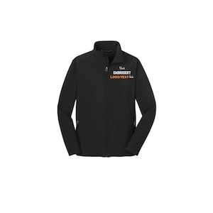 May include: Black full-zip jacket with a stand-up collar. The jacket has two side pockets and a small embroidered logo that reads "Your EMBROIDERY LOGO/TEXT here" in white and orange. The jacket is made of a smooth, water-resistant material.