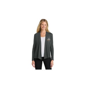 May include: A dark gray cardigan with long sleeves. The cardigan is open in the front and has a small logo on the right side. The person is wearing a white top and black pants.