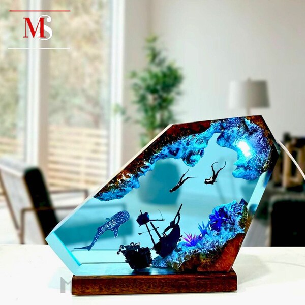 Ocean Adventure Resin Lamp Table Lamp Unique Lamp Underwater Exploration & Ship Scene,  Creative Art Decor LED Night Light USB Lamp Inactive