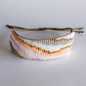 Handmade Pastel Wave Miyuki Bracelet – Beaded Loom Cuff with Gold Details | Boho Chic