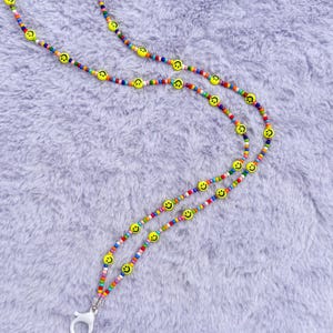 Custom Handmade Happy Face Seed Bead Lanyard – Colorful ID Badge Holder with Smile Charm, Perfect Teacher, Nurse & Office Gift