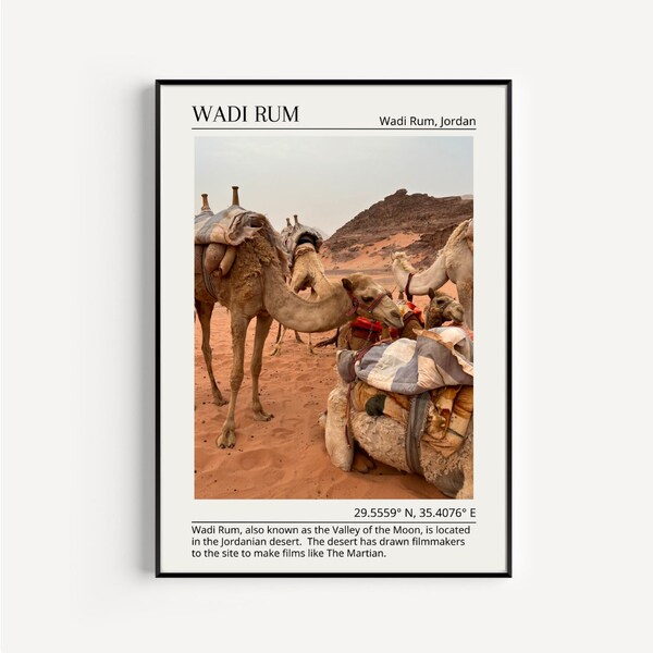 Wadi Rum, Jordan Posters Set of 2, Travel Poster, Camels, Rock formations in Petra, One of the Seven Wonders of the World, Digital Prints