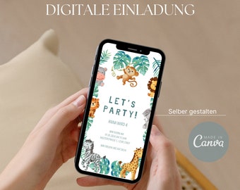 Digitale Einladung Kindergeburtstag - Geburtstagseinladung - ECard - personalisierbar - Zootiere - Whatsapp - Vorlage Canva