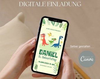 Digitale Einladung Kindergeburtstag - Geburtstagseinladung - ECard - personalisierbar - Dino- Whatsapp - Vorlage Canva