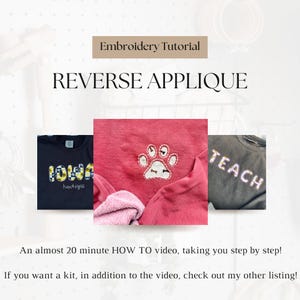 Könnte beinhalten: Eine Anleitung zum Erstellen eines Reverse-Applique-Stickmusters. Das Bild zeigt drei Shirts mit verschiedenen Designs: einen Pfotenabdruck, das Wort "TEACH" und das Wort "IOWA" mit dem Wort "Hawkeyes" darunter.