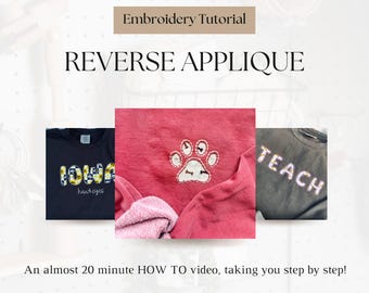 May include: A tutorial on how to create a reverse applique embroidery design. The image shows three shirts with different designs: a paw print, the word "TEACH", and the word "IOWA" with the word "Hawkeyes" underneath.