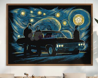 Supernatural Dean Sam Castiel Vincent Van Gogh Starry Night Framed Canvas, Manvcave Wall Decor, Supernatural Canvas, Starry Night Wall Decor