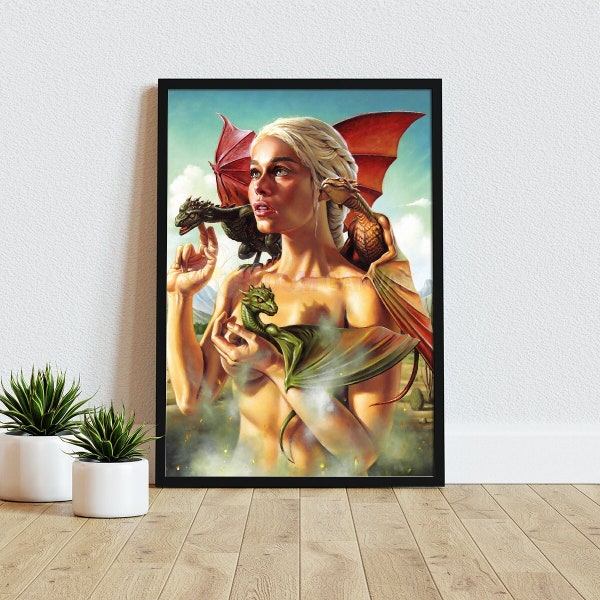 GoT Mother of Dragons Poster, GoT Wall Art, Wester GoT Dragons Series Print, House of Dragons, Dragon Wall Art, Framed, Wrapped Canvas Decor