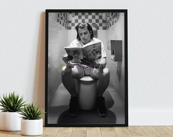 Toilet scene John Travolta, Pulp Fiction, 1994 Movie, Funny Bathroom Wall art, Black and white, Funny Toilet Print Poster, Retro Movie, 203