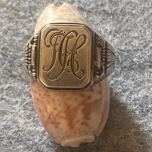 Pode incluir: Um anel de sinete em tom dourado com uma face octogonal apresentando um monograma gravado intrincado das letras JHC. A banda do anel exibe um trabalho de metal detalhado e texturizado nas laterais, exibindo uma estética vintage com pátina visível.