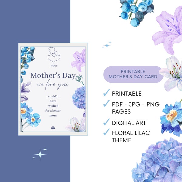 Digital Lilac Floral Mother's Day Card - Printable Special Flower Mom Card -  Gift for mum - Mummy, Wife, SVG