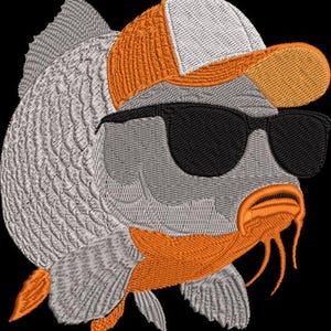 May include: Embroidered design of a fish wearing sunglasses and an orange and white baseball cap. The fish has an orange beard and fins. The design is on a black background. The fish is gray and white.