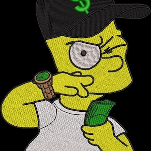 Puede incluir: Imagen bordada de un personaje de dibujos animados amarillo que lleva una gorra de béisbol negra con un signo de dólar verde, un reloj y un fajo de dinero verde. El personaje lleva una camiseta blanca y tiene una expresión severa.