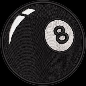 Könnte beinhalten: Gestickter Aufnäher mit einer schwarzen Achtkugel und einer weißen Acht. Der Aufnäher hat eine runde Form mit einem schwarzen Rand und einem weißen Glanzlicht. Geeignet für Kleidung.
