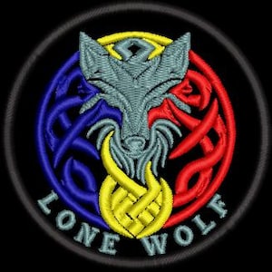May include: Embroidered patch with a grey wolf's head above a Celtic knot design. The knot is split into blue and red sections, with a yellow knot below the wolf. The words "LONE WOLF" are embroidered in grey.