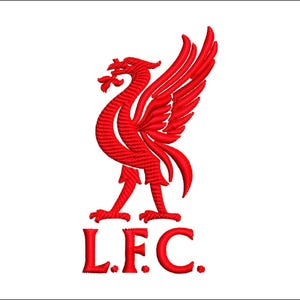May include: Embroidered red Liver Bird emblem with the letters L.F.C. on a white background. The Liver Bird is a mythical creature, a symbol of Liverpool, England. The design is likely for apparel or fan merchandise.