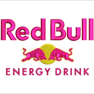 Peut inclure: Logo brodé de Red Bull Energy Drink. Le texte "Red Bull" est en rose vif, au-dessus de l'image de deux taureaux roses se faisant face, sur un cercle jaune. En dessous, le texte "ENERGY DRINK" est également en rose.
