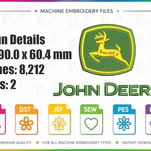 Puede incluir: Un diseño de archivo de bordado a máquina con un logotipo de ciervo saltando amarillo dentro de un escudo con borde verde, con el texto JOHN DEERE en verde. Los detalles incluyen un tamaño de 90,0 x 60,4 mm, 8.212 puntadas y 2 colores.
