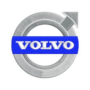 May include: An embroidered patch featuring the silver Volvo logo, which consists of a circular ring with an arrow pointing diagonally upward to the right. A horizontal blue rectangular bar crosses the center, displaying the word VOLVO in white.