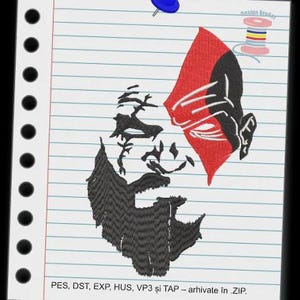 May include: An embroidered design of a face with a red and black color scheme. The design is on lined paper, held by a blue pushpin. The text at the bottom reads "PES, DST, EXP, HUS, VP3 and TAP - archived in ZIP."