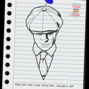 May include: A black and white line drawing of a man wearing a cap, shirt, and tie, pinned to lined paper with a blue push pin. The image includes text at the bottom and a logo in the upper right corner.