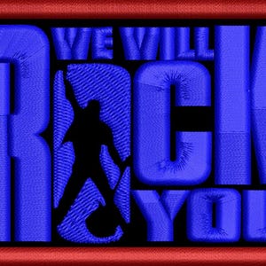 Può includere: Toppa ricamata con la scritta "WE WILL ROCK YOU" in blu, con la silhouette nera di una persona con una chitarra. La toppa è incorniciata da un bordo rosso, ideale per giacche o borse.