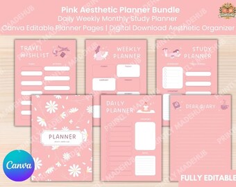 Roze en bloemen afdrukbare plannerbundel | Bewerkbare canvasplanner | Dagelijkse Wekelijkse Maandplanner | Digitale download Esthetic Organizer