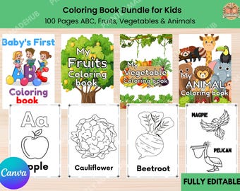 Libro para colorear para niños: 100 páginas con el abecedario, frutas, verduras y animales (descarga digital)