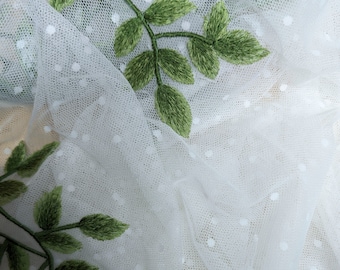 Salix Alba Fabric Sample | Green Leaf Embroidery Wedding Veil | Polka Dot Bridal Hair Accessories | Sample