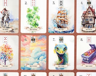 Modern Lenormand Cards, Watercolor Lenormand Deck, Fortune telling deck, Colorful Lenormand deck, grand tableau lenormand, Full oracle deck