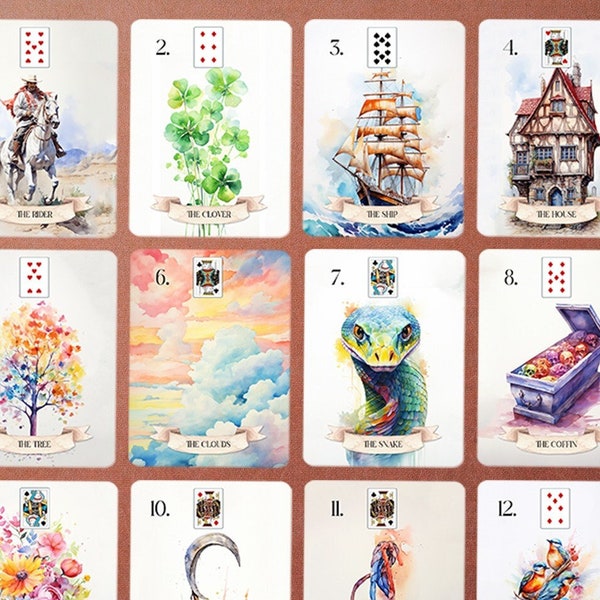 Modern Lenormand Cards, Watercolor Lenormand Deck, Fortune telling deck, Colorful Lenormand deck, grand tableau lenormand, Full oracle deck