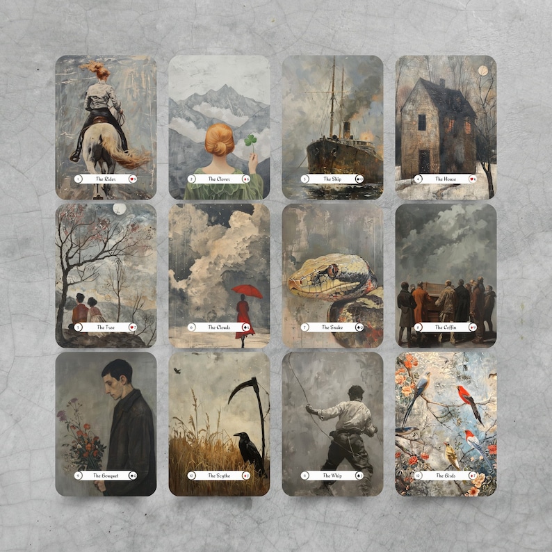 Karty Lenormand w stylu malarstwa olejnego, unikalna karta wyroczni, szara talia Lenormand, narzędzia wróżbiarskie, malowniczy tarot, podręcznik Lenormand dla początkujących zdjęcie 7
