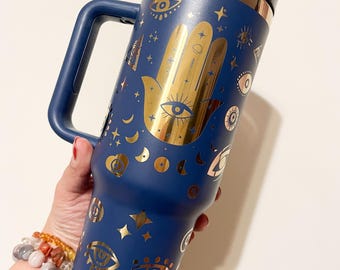Evil Eye Engraved Blue Over Gold Plated 40oz Tumbler w/ Handle Metaphysical Witchy Spiritual Vibe