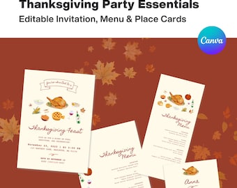 May include: A set of Thanksgiving party stationery including an invitation, menu, and place card. The cream-colored cards feature watercolor illustrations of roasted turkey, pumpkins, and autumn leaves with the text Thanksgiving Party Essentials.