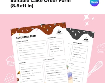 Peut inclure: Un modèle de bon de commande de gâteau modifiable mesurant 21,6x27,9 cm. Le document comprend des sections pour les informations client, la tarification, le paiement, les détails du gâteau et la personnalisation, avec une bordure supérieure.
