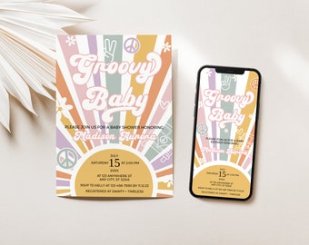 Invitación retro para baby shower: Arcoíris de los 70 (imprimible)