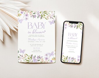 May include: Baby shower invitation with floral and butterfly design. The invitation reads "BABY in bloom" with event details. A smartphone shows the same design. The design includes purple and yellow flowers.