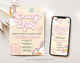 Retro Groovy Baby Shower Invitation: 70s Rainbow (Printable)
