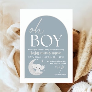 Oh Boy Baby Shower Invitation, Blue, Elephant Baby Shower, Instant Download, Printable Template, A1