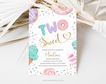 May include: A white invitation card with a pink, purple, and blue donut and ice cream theme. The text reads "Two Sweet" in gold glitter font. The invitation is for Amelia's second birthday party. The date and time of the party are listed, along with the RSVP information.