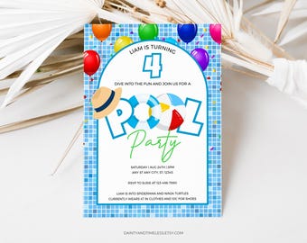 May include: Blue and white pool party invitation with a cartoon pool float and the text "Liam is turning 4 Dive into the fun and join us for a Pool Party".