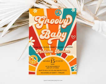 Retro Groovy Baby Shower Invitation: 70s Rainbow (Editable, Printable)