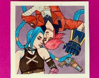 May include: Square sticker featuring a stylized illustration of two characters with blue and pink hair. One character wears a black top with an X design, the other a red jacket. A blue and gold gun and a blue and gold glove are also depicted.
